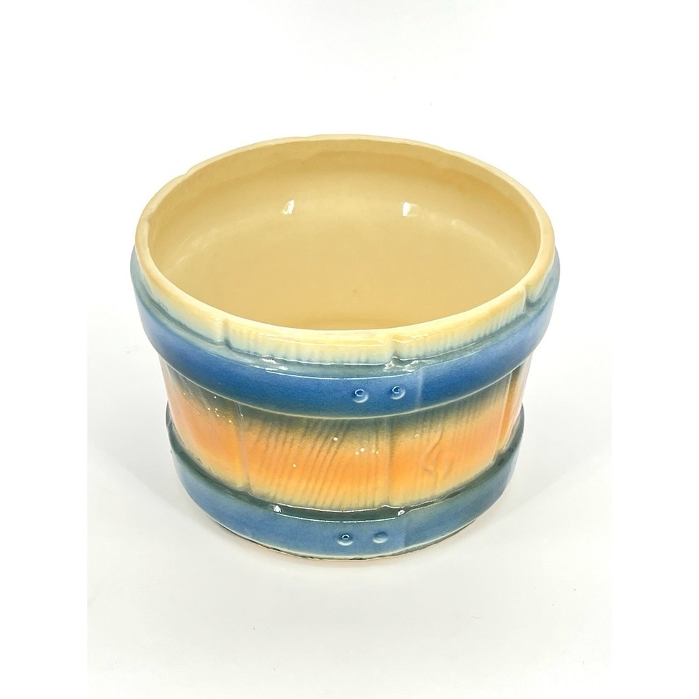 Ungemach UPCO USA Vintage Barrel Shaped Round Planter Pottery Blue Orange 6"